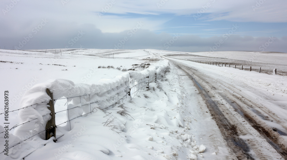 Snow piled up on wooden fence creates picturesque winter scene along snowy road. landscape is serene, showcasing beauty of nature in winter Snow piled up on wooden fence creates picturesque winter scene along snowy road. landscape is serene, showcasing beauty of nature in winter