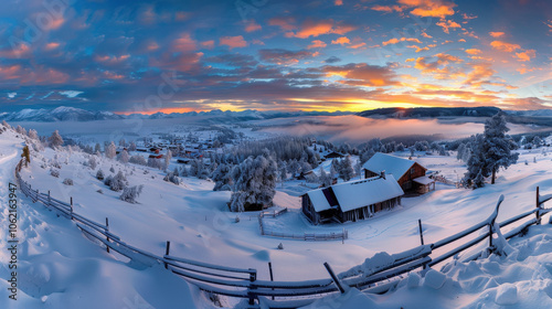 breathtaking winter landscape showcases serene village blanketed in snow, with stunning sunrise illuminating sky. wooden fence adds charm to this picturesque scene
