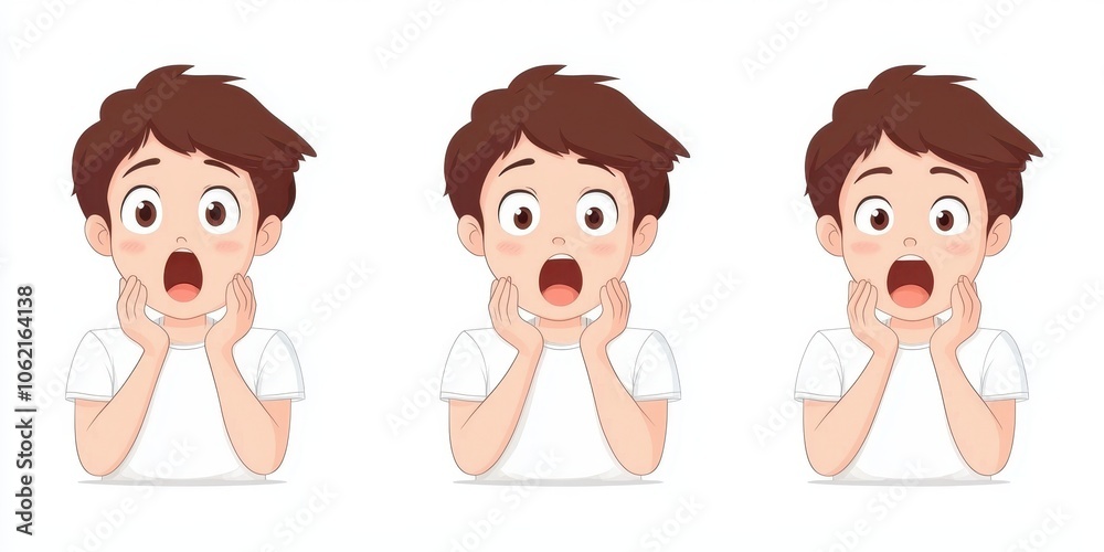 Surprised boy expressions with hands on cheeks, white isolated background. Surprised boy expressions with hands on cheeks, white isolated background.