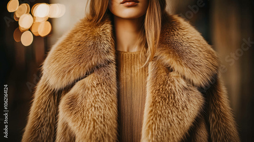 Elegant woman in a luxurious fur coat against a blurred evening backdrop