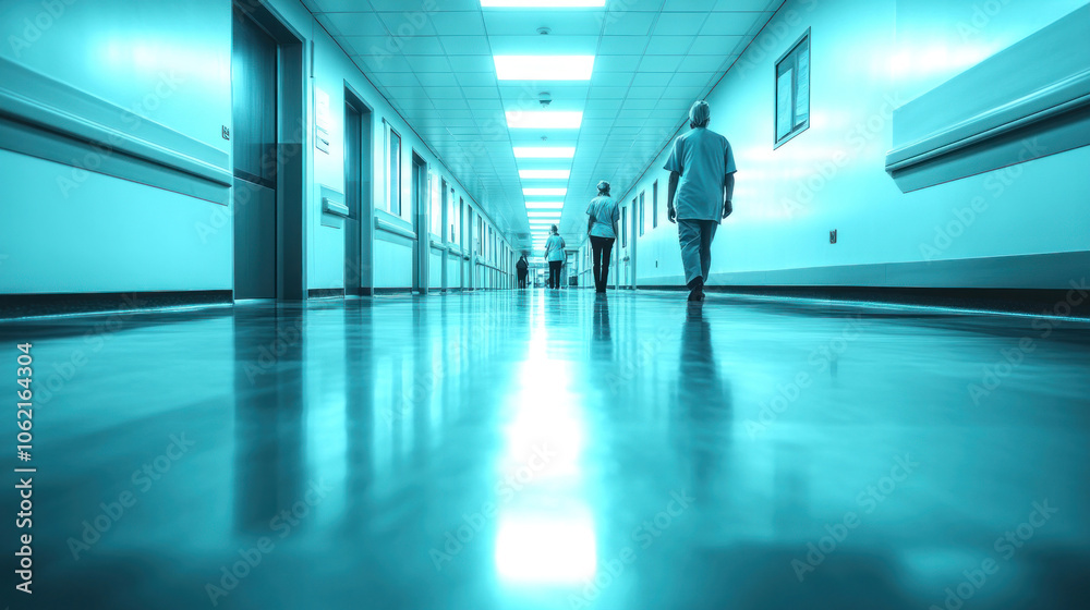 Fototapeta premium hospital hallway with nurses and doctors walking briskly, busy and focused healthcare environment