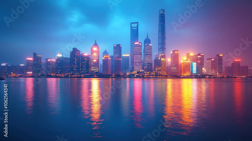 iconic city buildings with evening lights reflecting in the river, vibrant and modern city life