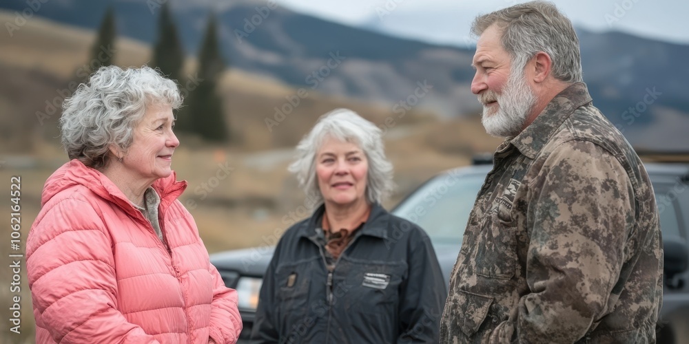 Three friends enjoying conversation in an outdoor setting with mountains in the background. Three friends enjoying conversation in an outdoor setting with mountains in the background.