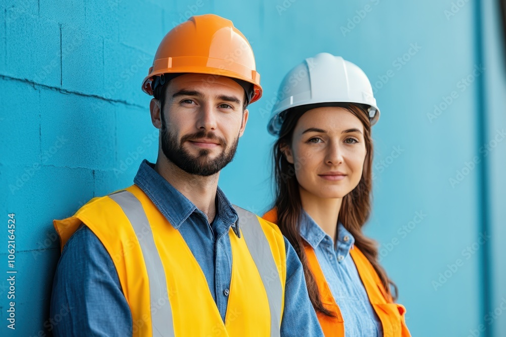 Construction professionals in safety gear pose against a bright blue wall at a job site Construction professionals in safety gear pose against a bright blue wall at a job site