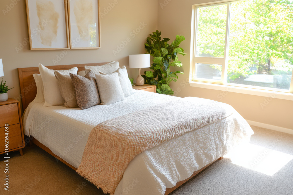 Cozy bedroom with natural light, neutral decor, and inviting atmosphere Cozy bedroom with natural light, neutral decor, and inviting atmosphere