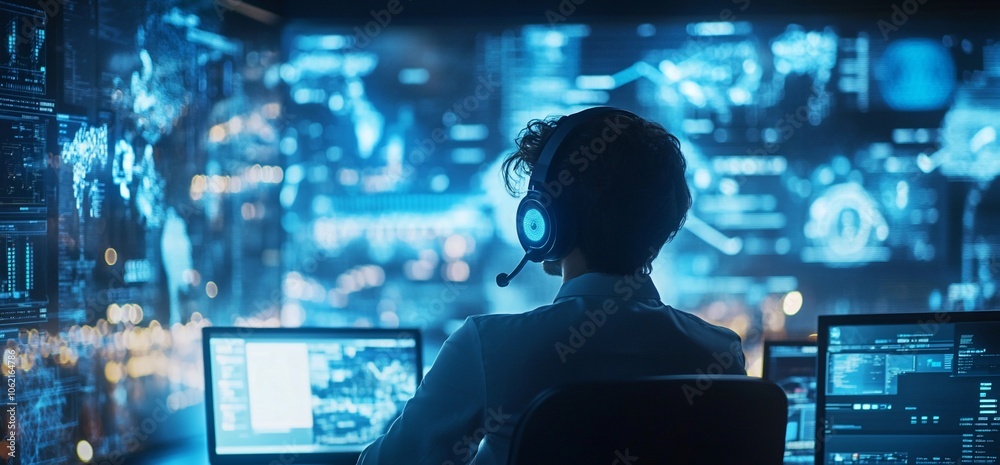 A person wearing a headset sits in front of a large monitor displaying complex data visualizations, focusing intently on the screen. A person wearing a headset sits in front of a large monitor displaying complex data visualizations, focusing intently on the screen.
