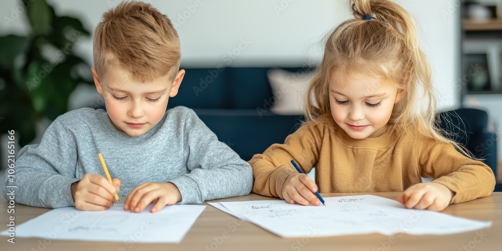 Two children drawing on paper at home, engaging in creative activity. Two children drawing on paper at home, engaging in creative activity.