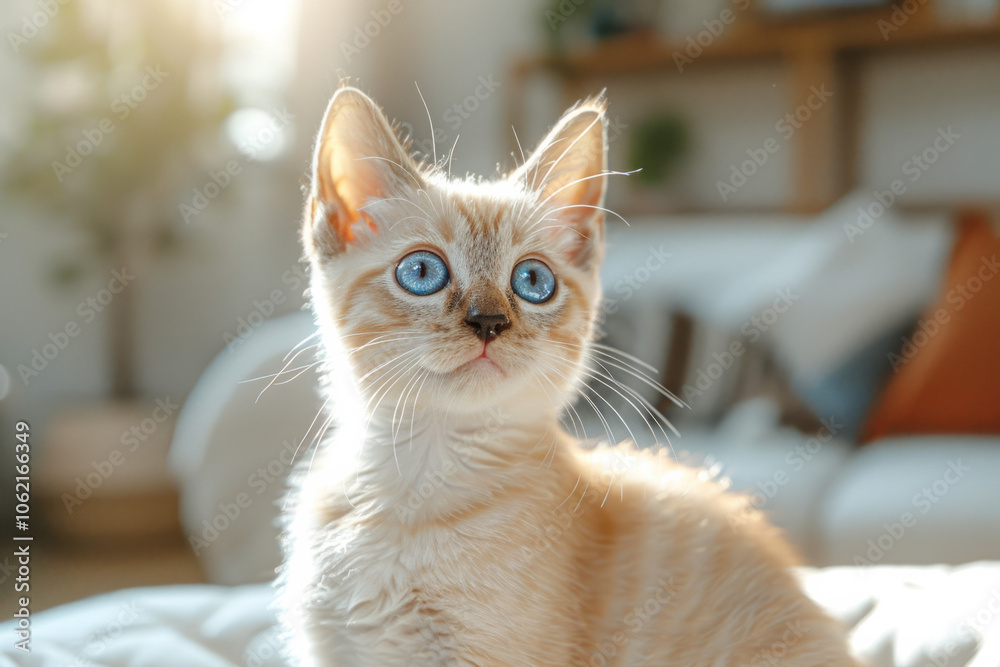 Obraz premium Fluffy kitten with striking blue eyes relaxing in a sunlit living room