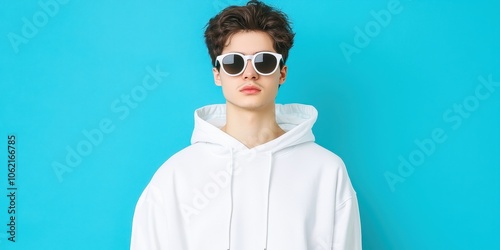 Young man in white hoodie and sunglasses against a bright blue background. photo