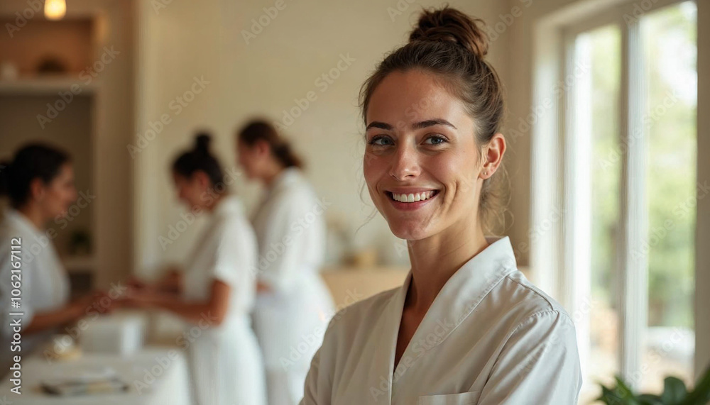 A smiling woman in a spa uniform embodies professionalism and warmth, showcasing teamwork and serenity.
A smiling woman in a spa uniform embodies professionalism and warmth, showcasing teamwork and serenity.