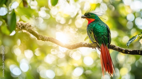 A vibrant green and red bird with a long tail perched on a branch in a forest. photo