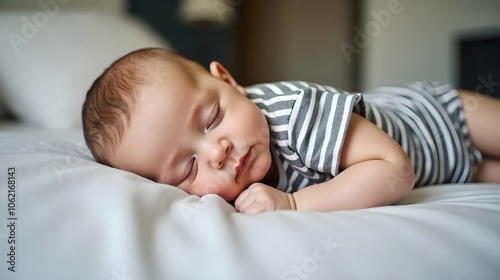 A baby boy in a striped shirt sleeping in bed