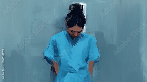 A Woman in Blue Scrubs Contemplates Her Emotions in a Minimalist Setting Reflecting on Personal Challenges and Growth