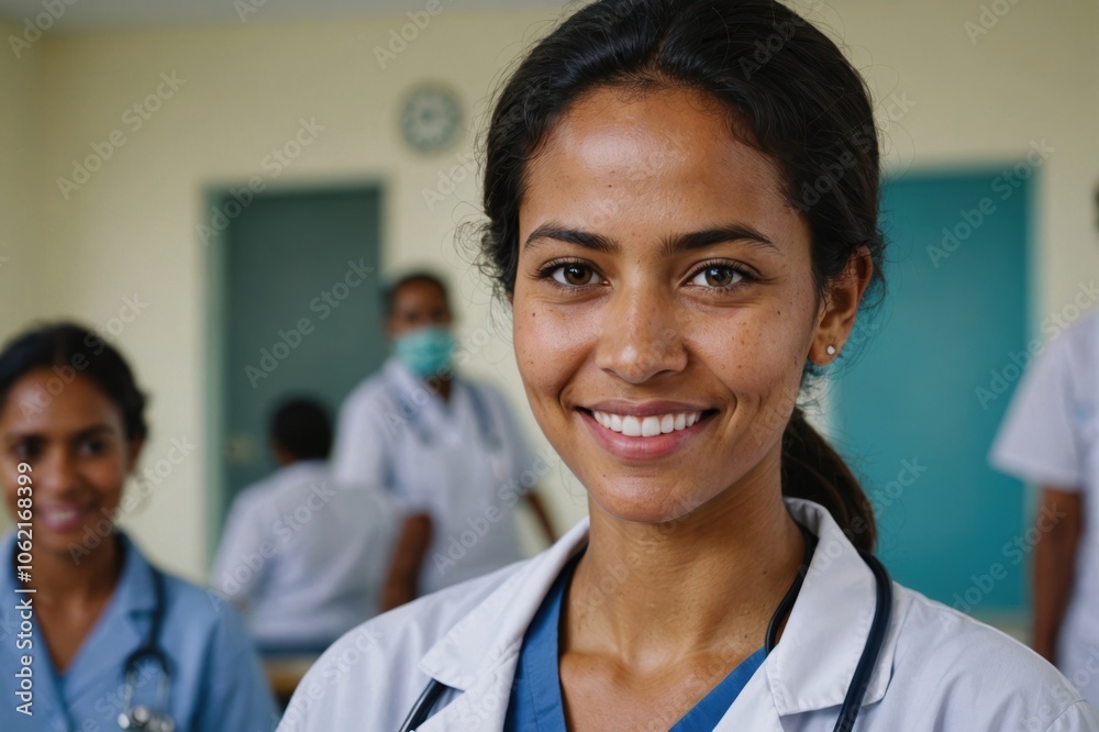 Close portrait of a smiling young East Timorese woman doctor looking at the camera, East Timorese hospital blurred background Close portrait of a smiling young East Timorese woman doctor looking at the camera, East Timorese hospital blurred background