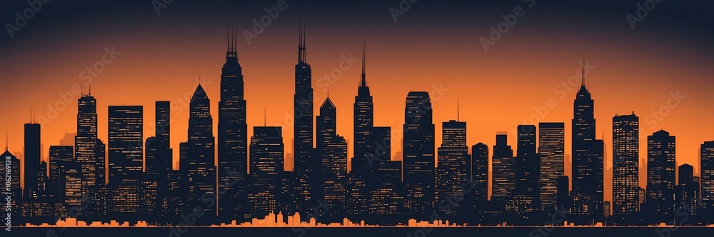 Obraz premium cityscape silhouette north american themed banner with orange backdrop. light blinds background