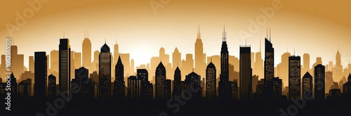 cityscape silhouette north american themed banner with gold backdrop. light blinds background
