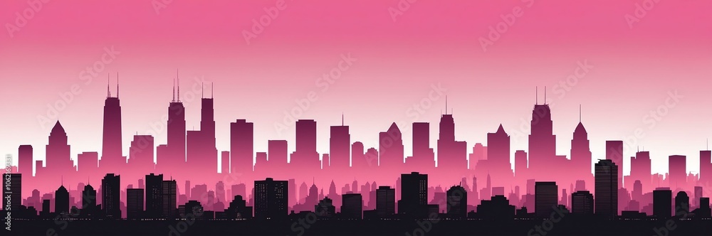 Fototapeta premium cityscape silhouette north american themed banner with pink backdrop. light blinds background