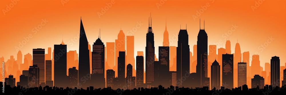 Fototapeta premium cityscape silhouette north american themed banner with orange backdrop. light blinds background