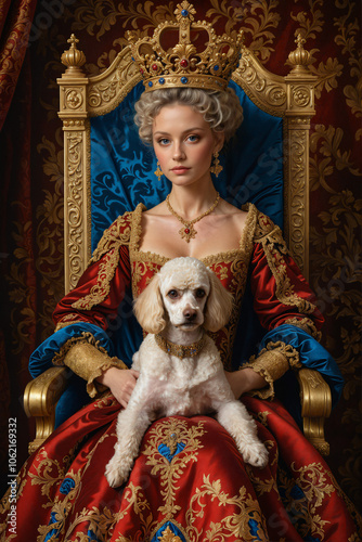 Renaissance-style portrait of a queen in royal attire sitting on the throne with a dog on her lap, Generative AI	
