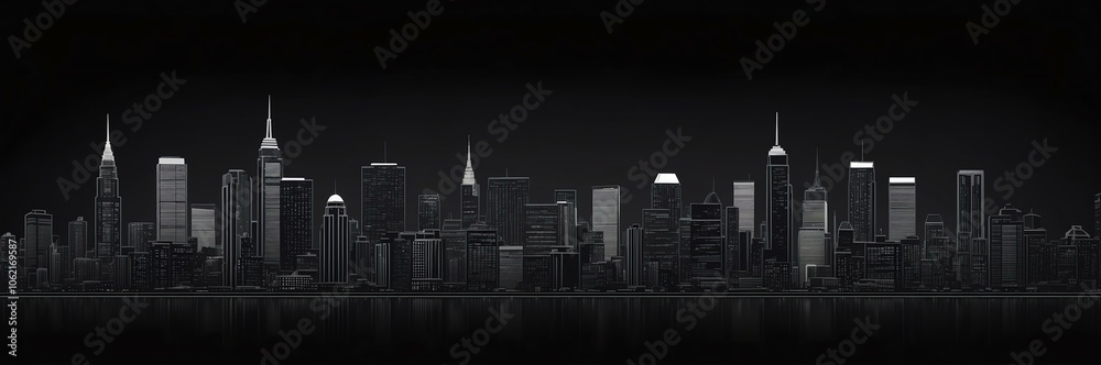 cityscape silhouette north american themed banner with black backdrop. light blinds background