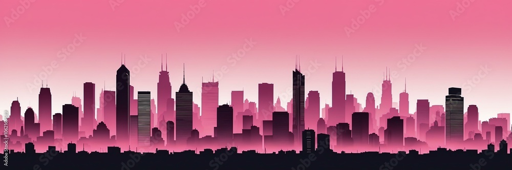 cityscape silhouette north american themed banner with pink backdrop. light blinds background