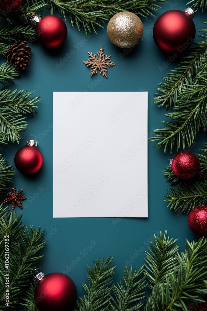 Luxurious beautiful vertical Christmas card background of elegant festive ornaments, decorations, and pine on holiday backdrop, holiday season elegance. Blank copy space for text Luxurious beautiful vertical Christmas card background of elegant festive ornaments, decorations, and pine on holiday backdrop, holiday season elegance. Blank copy space for text