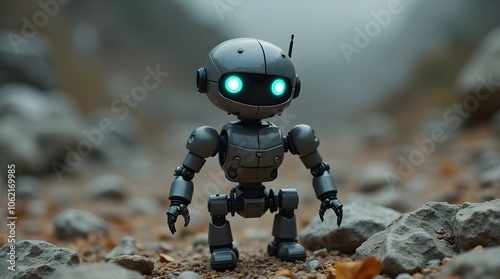 A small robot with glowing eyes is standing on a rock.