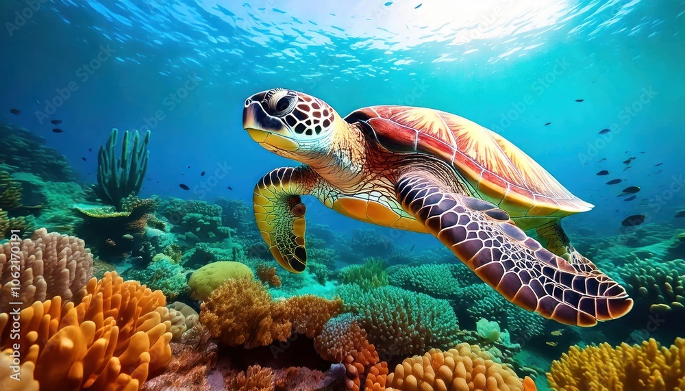 A mesmerizing underwater scene featuring a vibrant sea turtle swimming among colorful coral and lively fish. A mesmerizing underwater scene featuring a vibrant sea turtle swimming among colorful coral and lively fish.
