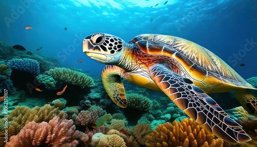 A mesmerizing underwater scene featuring a vibrant sea turtle swimming among colorful coral and lively fish.