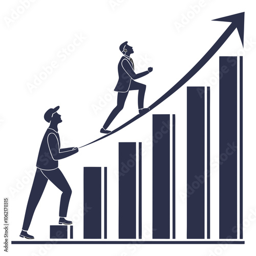 A graphical representation of a bar chart. The chart has vertical bars, with the tallest bar on the right, indicating an upward trend. An arrow points upwards from the top of the chart