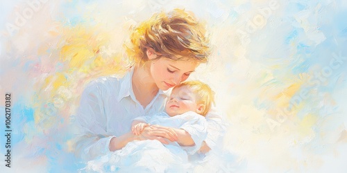 A tender moment between a mother and her baby in a soft, dreamlike setting.