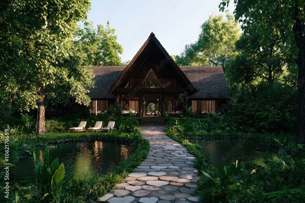 Serene Retreat A Charming Wooden House Nestled in Lush Greenery Surrounded by Tranquil Waters and Pathways for Relaxation Serene Retreat A Charming Wooden House Nestled in Lush Greenery Surrounded by Tranquil Waters and Pathways for Relaxation