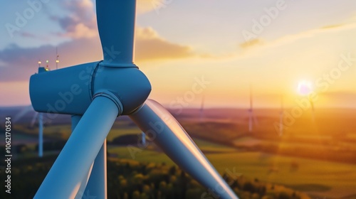A close-up view of a wind turbine during sunset, showcasing renewable energy technology in a picturesque rural landscape. Highlighting sustainability and the beauty of modern energy solutions.