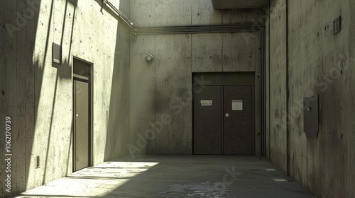 Architectural Marvel - 3D Render of Brutalist Entryway with Heavy Doors, Textured Concrete Walls, and Unique Details under Dramatic Light | Ultra-Detailed Illustration