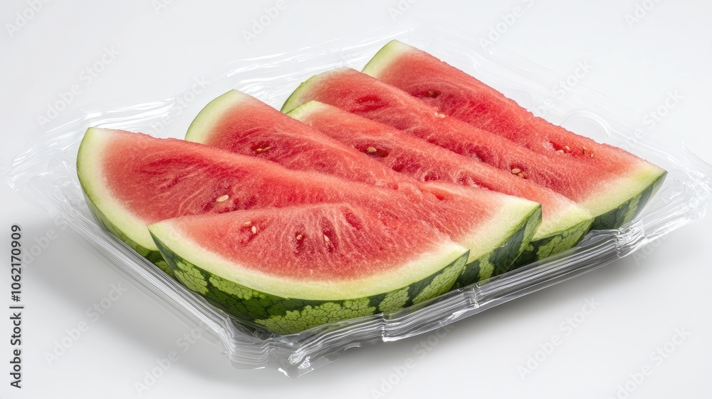 Watermelon slices arranged in eco-friendly packaging on a white backdrop, emphasizing both freshness and sustainable design for summer enjoyment. Watermelon slices arranged in eco-friendly packaging on a white backdrop, emphasizing both freshness and sustainable design for summer enjoyment.