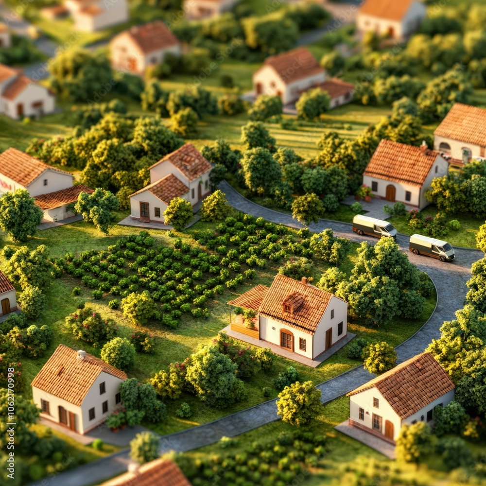 Aerial View of a Tranquil Countryside with Charming Houses and Lush Green Fields Enhancing Rural Serenity Aerial View of a Tranquil Countryside with Charming Houses and Lush Green Fields Enhancing Rural Serenity