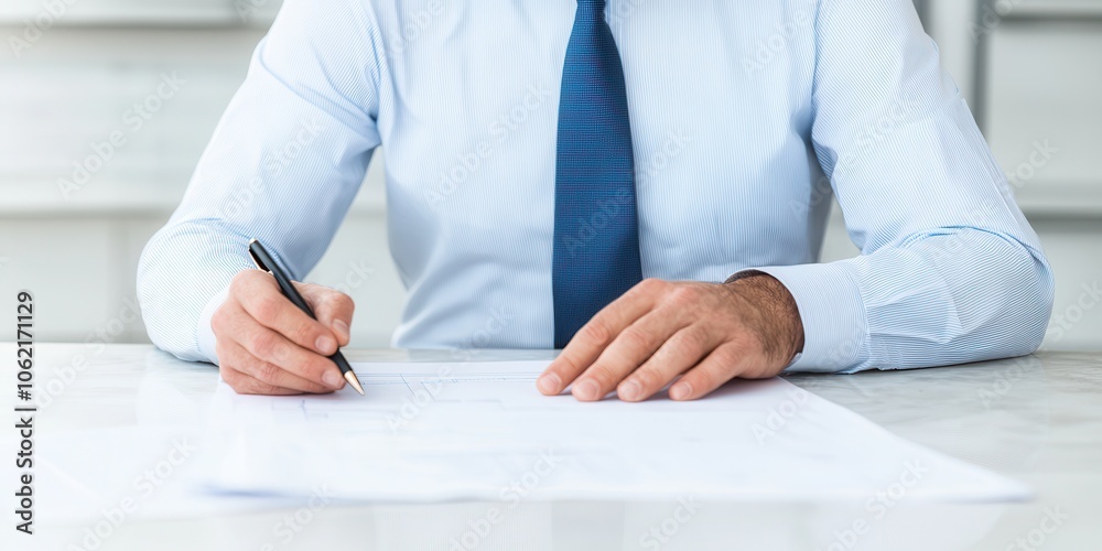 Businessman writing on a document with a pen at a desk. Businessman writing on a document with a pen at a desk.