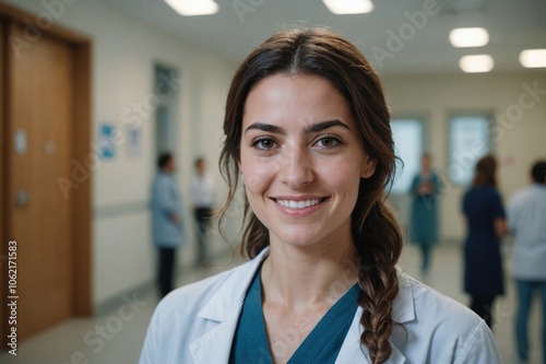 Close portrait of a smiling young Greek woman doctor looking at the camera, Greek hospital blurred background