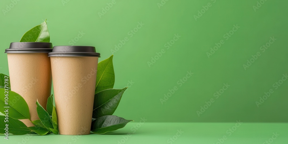 Coffee cups with natural leaves on a vibrant green background. Coffee cups with natural leaves on a vibrant green background.