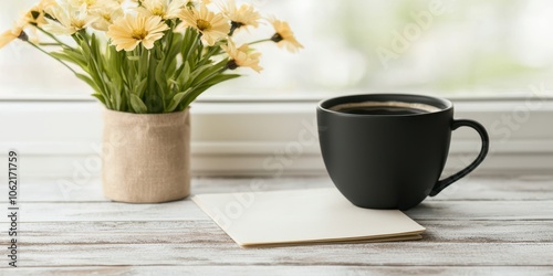 Coffee cup and flowers on a rustic table in a cozy, natural light setting.