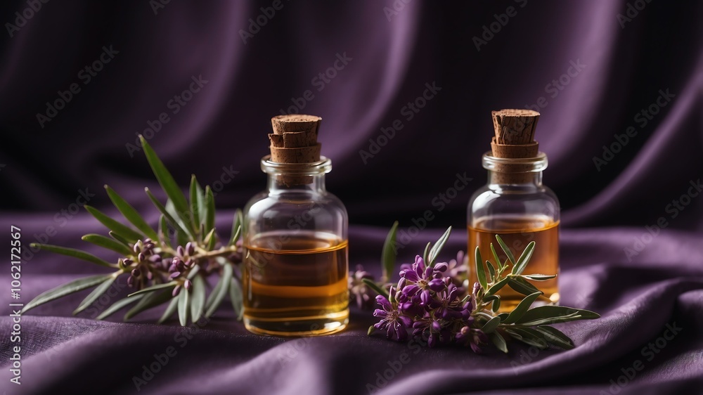 aesthetic bottle of essential oil on a purple silk background. Tea Tree on the side. aesthetic bottle of essential oil on a purple silk background. Tea Tree on the side.