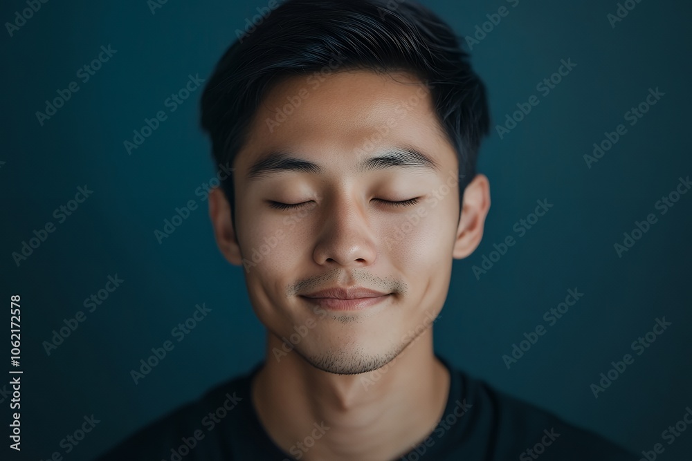 Young man meditating with eyes closed, exuding calmness and tranquility in a serene atmosphere Young man meditating with eyes closed, exuding calmness and tranquility in a serene atmosphere