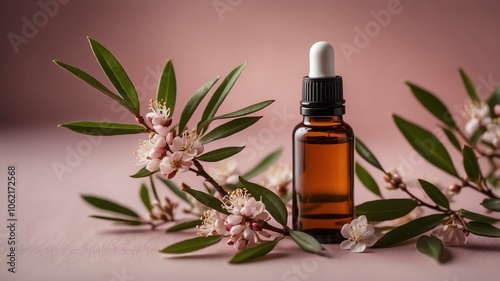 aesthetic bottle of essential oil on a pink silk background. Tea Tree on the side. 