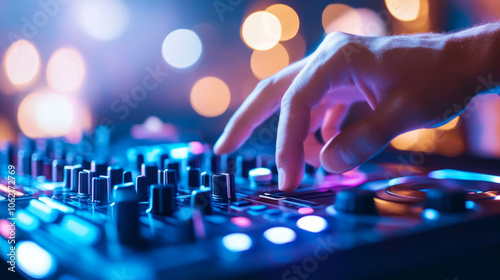 A DJ mixes tracks with vibrant lights at a lively club event