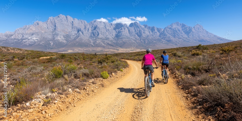 Cyclists riding on a dirt road with mountains in the background. Cyclists riding on a dirt road with mountains in the background.