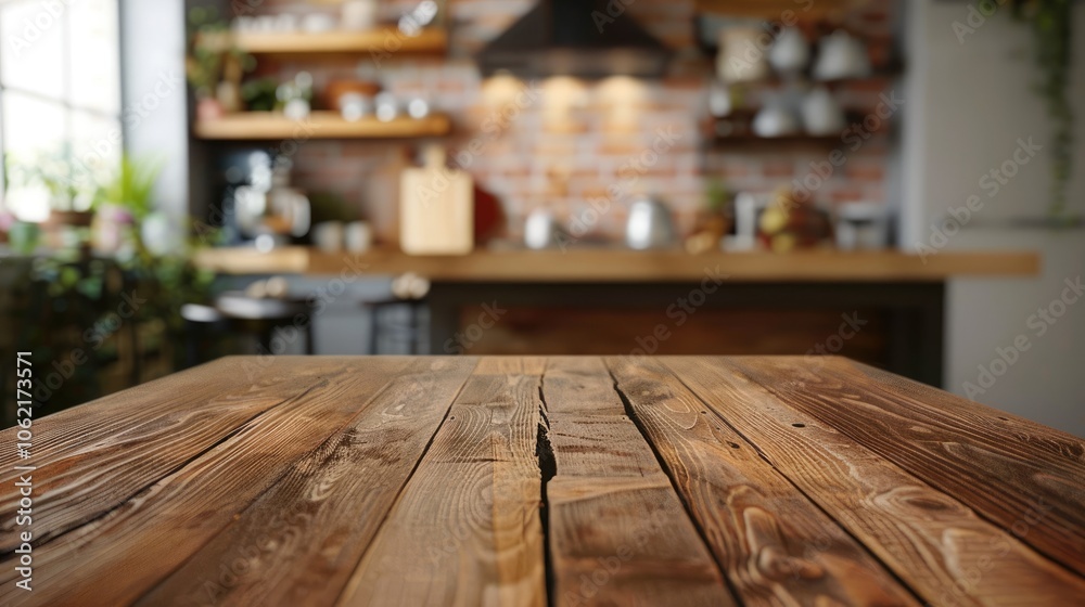 Blurry dining table in a wooden kitchen interior
