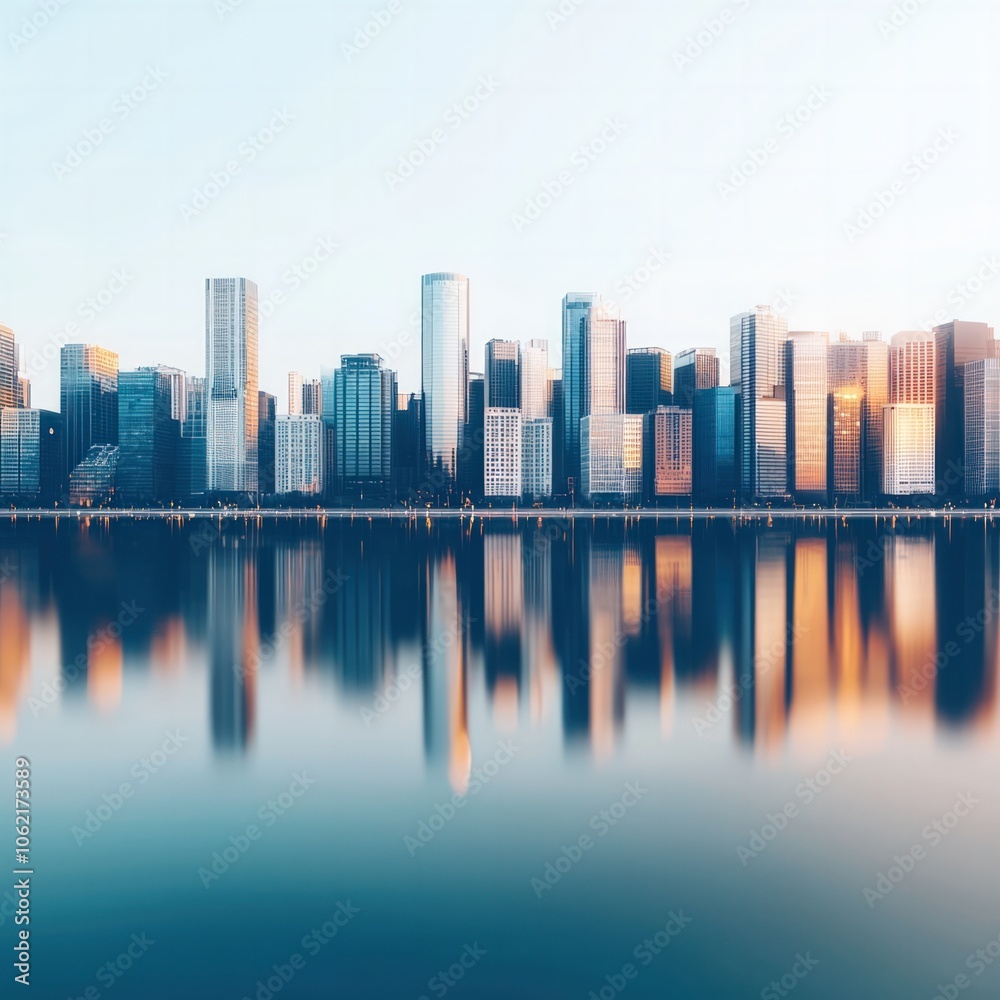 Obraz premium City Skyline Reflects Modern Architecture in Serene Waters Under a Clear Sky at Dawn