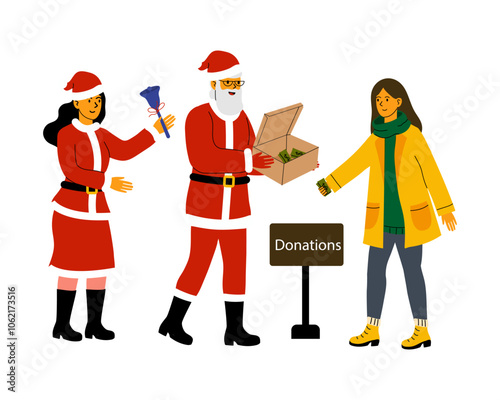 Holiday charity event with Santa and volunteers collecting donations in a festive setting