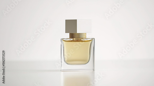 Perfume bottle with elegant square cap on a white isolated background, showcasing minimalist and luxurious design.