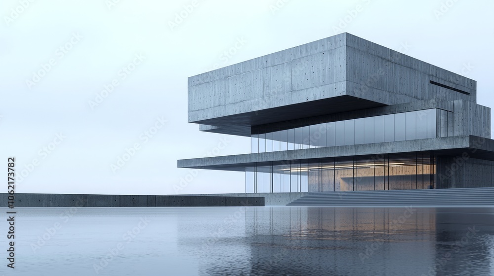 Fototapeta premium Futuristic Fusion: 3D Render Illustration of Brutalist Architecture Reflected in Glass Building, Harmonizing Raw Concrete and Modern Design